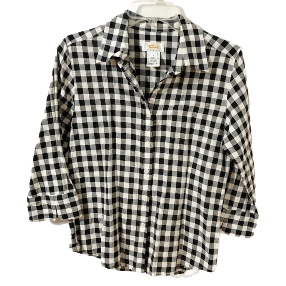 Talbots Linen Blend Button Up Buffalo Checked Pointed Collared Shirt 3/4 Sleeves
